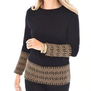 Chicos Blocked Jacquard Top~Size 2 (L/12)~Black Tan Chic Modern Blouse L6 03
